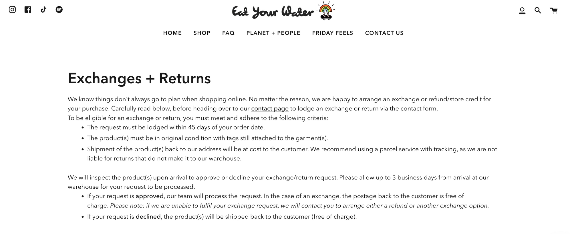 Eat your water exchange and returns policy
