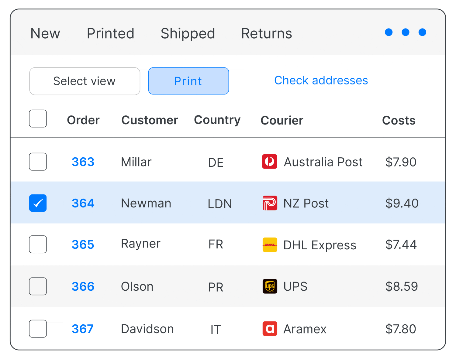 Starshipit dashboard with courier costs