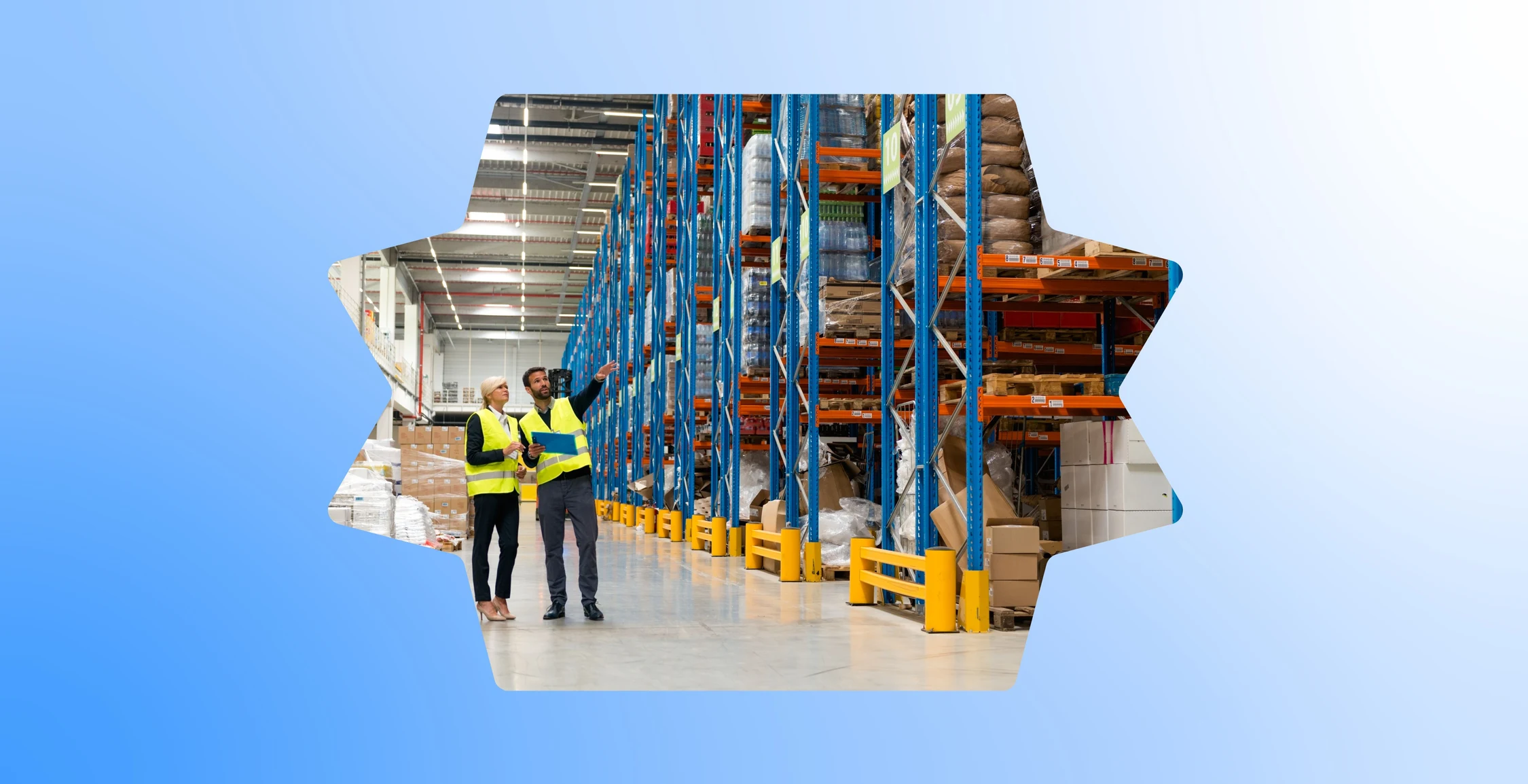 Warehouse team reviewing stock in a warehouse for WMS and shipping software comparison Warehouse team reviewing stock in a warehouse for WMS and shipping software comparison